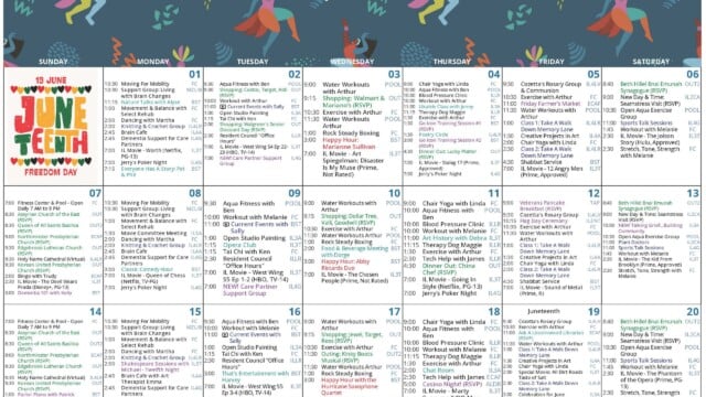June 2026 Independent Living Activities Calendar with a dark teal illustrated header featuring colorful dancing figures and abstract shapes, arranged in a Sunday-through-Saturday monthly grid. The page covers June 1 through June 20. A large vertical “Juneteenth Freedom Day” poster with multicolored block letters appears in the first Sunday column, marking June 19. Daily entries list a dense schedule of independent living programs with times, room abbreviations and color-coded highlights. Recurring activities include movement and balance, aqua fitness with Ben, water workouts with Arthur, chair yoga with Linda, blood pressure clinic, Rock Steady Boxing, Bible study, sports talk sessions, workout with Melanie, bingo with Trudy, Jerry’s poker night, choir or synagogue outings, support groups and evening movies. Special callouts include shopping trips to Costco, Target, Aldi, Walmart, Mariano’s, Walgreens, Dollar Tree, Valli, Goodwill, Jewel, Ross, Home Depot and PetSmart, plus outings and performances such as Marianne Sullivan happy hour, dinner out at Lucky Platter and China Chef, a veterans pancake breakfast, Flag Day ceremony, Dementia 101 with Kelly, Abby Riccards Duo happy hour, a hurricane saxophone quartet happy hour, food and beverage meeting with Dorge, art history with Debra, a men’s support group, an ask-a-librarian visit, Juneteenth observances, and outings to Green Rose Dispensary, Going Bacharach, and a musical performance by the Hurricane Saxophone Quartet. The page is text-heavy and formatted as a detailed daily schedule for independent living residents.
