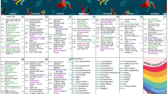 Page 2 of the June 2026 Independent Living Activities Calendar with the same dancing-figure header, covering June 21 through June 30. The leftmost Sunday column begins with Father’s Day on June 21 and includes church services, a Father’s Day brunch in the IL dining room, an outing to Songs of the Illinois Freedom Road, and an evening movie. The calendar continues with daily activities such as movement and balance, aqua fitness, chair yoga, current events with Sally, tai chi with Ken, book club, Shakespeare sessions with Michael, knitting and crochet group, resident council office hours, brain café, dementia support for care partners and Jerry’s poker night. Special highlighted events include an American presidency talk with Michael Riccards, a new horticulture therapy session, a resident meeting, happy hour with Hector Fernandez, an architectural boat tour, a dinner outing to Blind Faith Café, an open dress rehearsal for one-act plays, painting with Emma, memory lane walks, a special performance of one-act plays, a Pride-themed graphic reading “Proud Everyday! Pride month all year” in the final Saturday cell, and outings such as Pondy Hoingya music in exile and “The Last Five Years” musical. The bottom center contains a large meeting places key listing abbreviations for locations such as AL and IL dining rooms, activity rooms, patio, library, mezz living room, memory care art room, pool, tap and multiple outing designations.